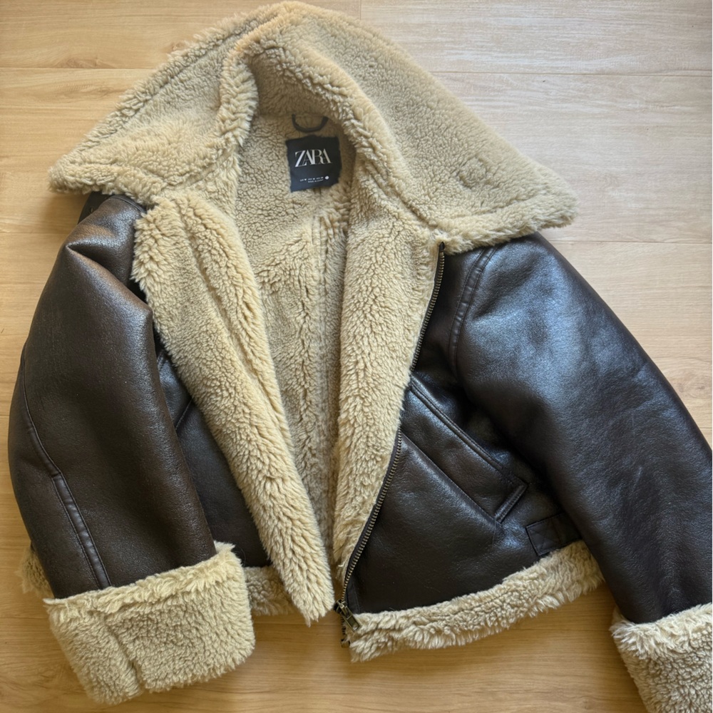 Zara Leather Bomber Jacket with Belting and Shearling Detailing